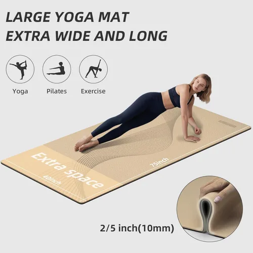 Miniatura 2 de Esterilla de yoga grande de 76" x 40" x 10 mm (2/5 pulgadas) – Extra gruesa y ancha, esterilla de fitness de TPE, esterilla de ejercicios Beige/Negro