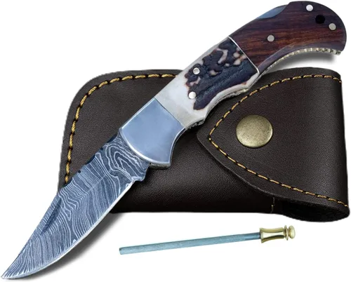 Miniatura 14 de Cuchillo de bolsillo de hueso de camello de acero damascus para hombres, regalos plegables de cuchillo de hoja para él, cuchillos hechos a mano