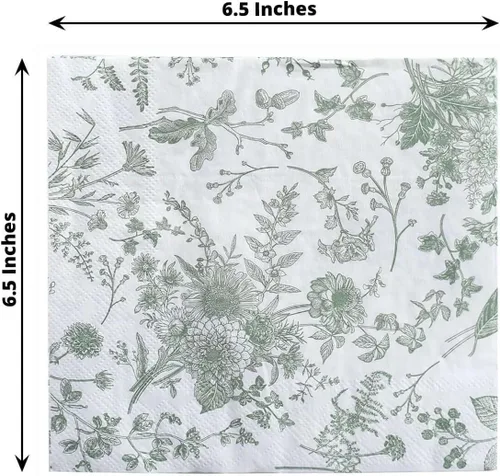 Miniatura 3 de Efavormart - Paquete de 20 servilletas de papel con estampado floral blanco y verde salvia, altamente absorbentes, suaves, de 2 capas, desechables