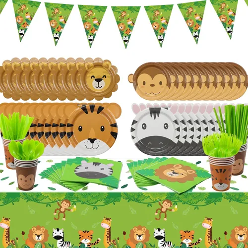 162 piezas de suministros de fiesta de la selva: incluye platos con forma de animal, mantel de selva, bandera de safari, servilletas, vasos,