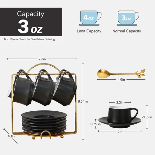 Miniatura 4 de Lareina Juego de 6 tazas de café de porcelana de 3 onzas, tazas de café apilables con platillos, cucharas y soporte de metal, tazas de cerámica