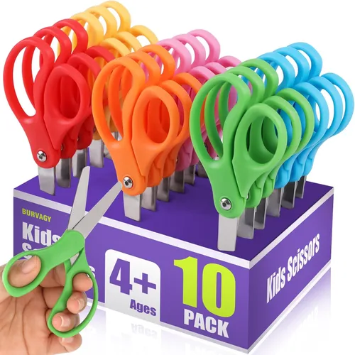 BURVAGY Paquete de 10 tijeras pequeñas de 5 pulgadas para estudiantes escolares con punta roma, cuchillas de acero inoxidable, agarre cómodo,