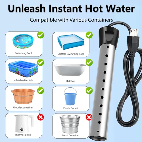 Miniatura 4 de Calentador de agua de inmersión de 2000 W, calentador de agua eléctrico portátil con acero inoxidable 304, calentador de calentamiento rápido