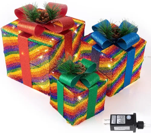 Miniatura 2 de Sunnyglade Juego de 3 cajas de regalo iluminadas de Navidad con enchufe, lazos, hojas de pino artificiales y conos de pino para Navidad, bodas