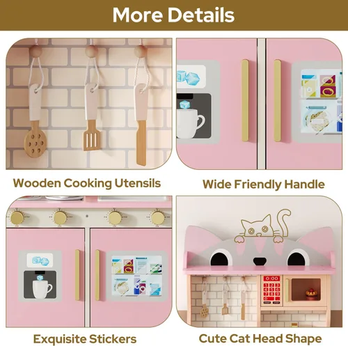 Miniatura 5 de knoworld Cocina de madera de juguete para niños de 3 a 8 años, juego de cocina con diseño de gato con microondas, estufa, fregadero, perillas