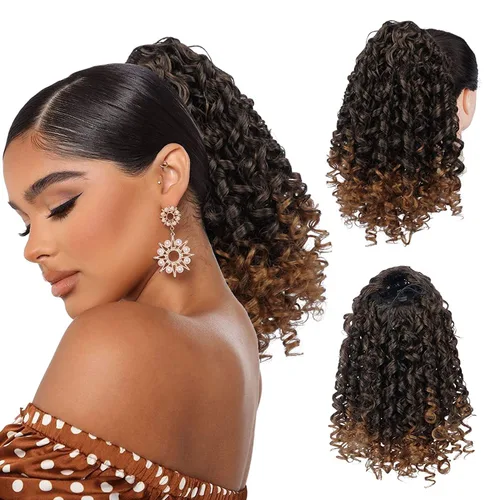 Miniatura 18 de PEACOCO Extensión de cola de caballo rizada con cordón para mujeres negras - Cola de caballo de 6 pulgadas con clip, postizo sintético de afro corto