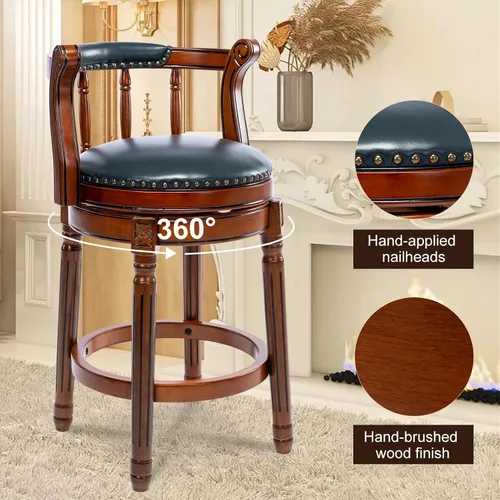 Miniatura 5 de RAINMOOD Juego de 2 taburetes de bar, taburete tapizado de cuero de grano completo, silla de bar negra con respaldo, patas de madera maciza