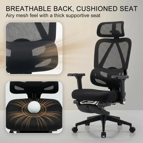 Miniatura 8 de Silla de oficina ergonómica de malla con reposabrazos, silla de escritorio grande y alta con soporte lumbar, silla giratoria de computadora