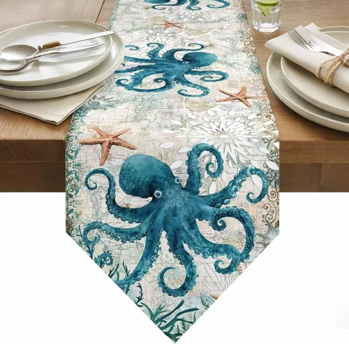 Camino de mesa de verano pequeño de 13 x 36 pulgadas, acuarela azul, lino y algodón, pulpo de animales marinos, manteles retro con temática náutica,