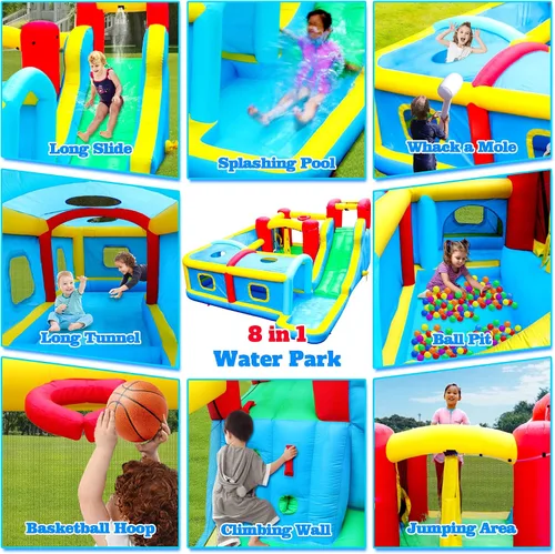 Miniatura 6 de WELLFUNTIME Parque inflable de tobogán acuático con soplador, castillo hinchable de 156 x 143 x 75 pulgadas con tobogán, escalada en roca, piscina