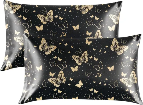 Miniatura 38 de EXQ Home - Funda de almohada de satén para cuidar el cabello y la piel, tamaño estándar, de seda con estampado negro, juego de 2 fundas con cierre