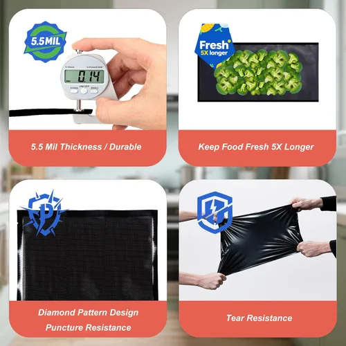 Miniatura 5 de Bolsas selladoras al vacío negras y transparentes de 11 x 24 pulgadas, bolsas de sellado al vacío precortadas de 5.5 mil para almacenamiento