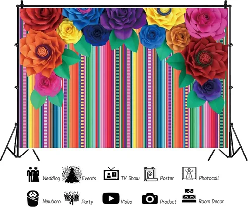 Miniatura 3 de Telón de fondo mexicano de 5 x 3 pies para fotografía de flores de papel colorido mexicano Cinco de Mayo Carnival Festival telón de fondo colorido a