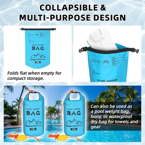 Miniatura 6 de CALPALMY Paquete de 1 bolsa de anclaje de arena de 20 L, ancla 2 en 1 para moto acuática y kayak con boya flotante y cuerda, bolsa seca plegable