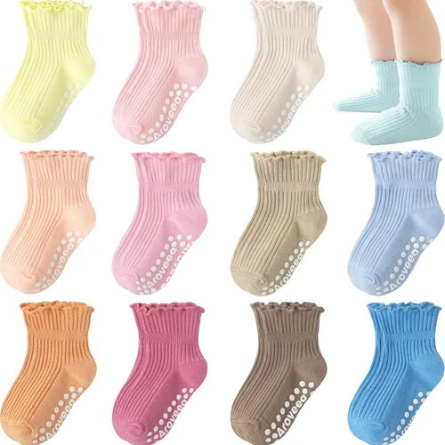 Miniatura 16 de Calcetines antideslizantes para bebés y niñas, calcetines de algodón con empuñaduras, paquete múltiple, calcetines de dibujos animados de tobillo