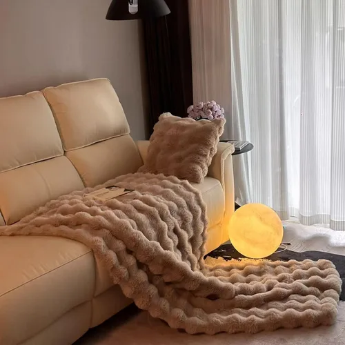 Manta de pelo sintético de felpa de conejo, gruesa y cálida para todas las estaciones, manta peluda suave y mullida para sofá, cama, decorativa Beige