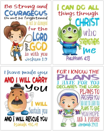 Miniatura 2 de Toy Story - Juego de 4 impresiones de acuarela cristiana sin marco, Woody, Buzz Lightyear, Mr. Potato Head y Alien con versos de la Biblia