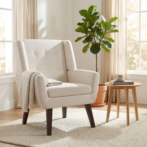 Miniatura 4 de HUIMO Silla de Acento para Sala de Estar, Sillón Tapizado con Botones Capitoné, Sillas de Sofá de Tela de Lino para Dormitorio, Sala de Estar, Silla