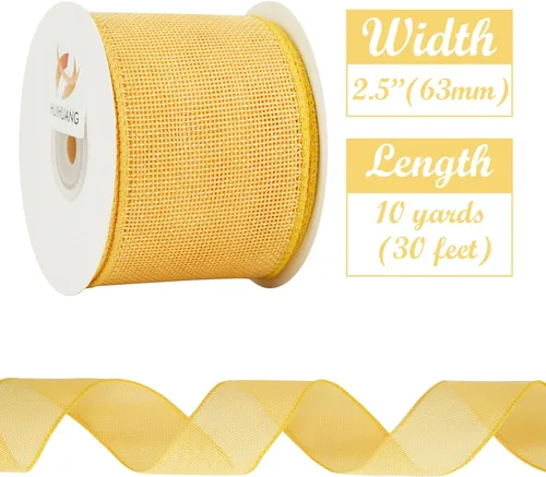 Miniatura 2 de HUIHUANG Cinta amarilla de yute con alambre de arpillera – 2.5 pulgadas x 10 yardas con borde de alambre sólido para coronas, lazos grandes, Amarillo