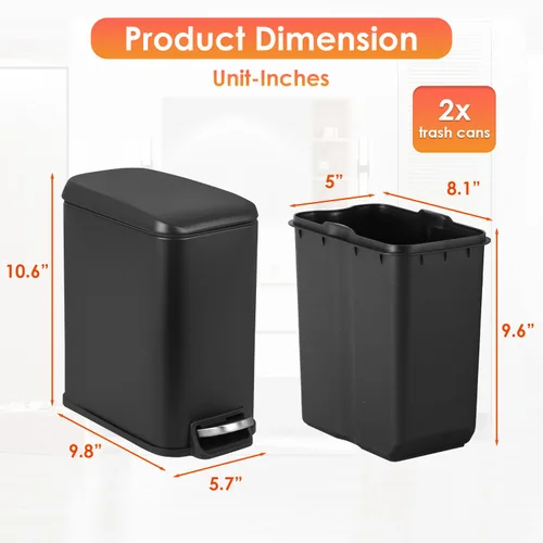 Miniatura 7 de PayLessHere Cubo de basura delgado de 1.3 galones con tapa, pequeño cubo de basura negro de acero inoxidable con cubo interior extraíble