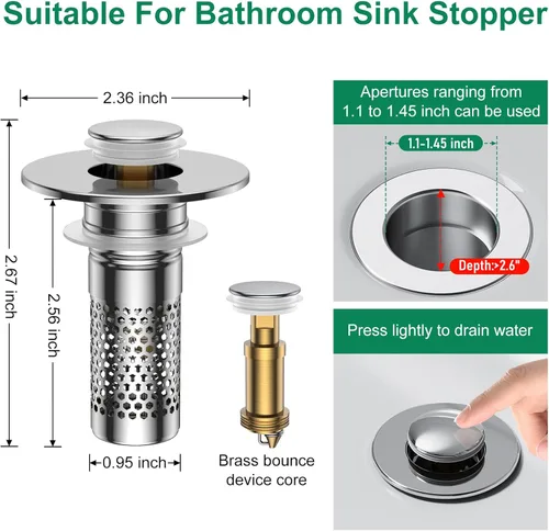 Miniatura 2 de Colador de drenaje para fregadero de baño, tapón universal emergente para fregadero atrapapelos, cesta de filtro de drenaje de acero inoxidable