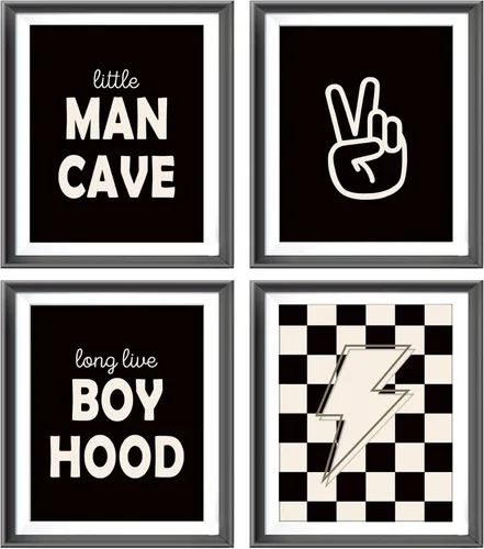 Pósteres Impresos Retro Preppy a Cuadros Little Man Cave con Rayo y Signo de Paz Long Live Boyhood para Habitación de Niños Adolescentes Decoración
