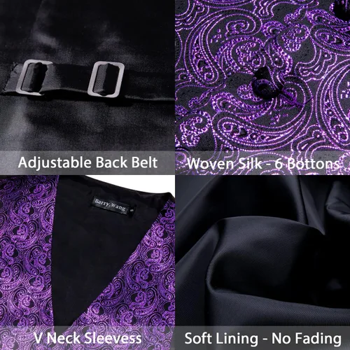 Miniatura 7 de Barry.Wang Conjunto de chaleco de pajarita para hombre, chaleco con cuello en V de seda jacquard de cachemira, gemelos de pañuelo formal/ocio, boda