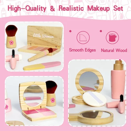 Miniatura 4 de Juego de juguetes de maquillaje de madera para niñas, kit cosmético realista con lápiz labial y espejo, regalo de juego de simulación para niños