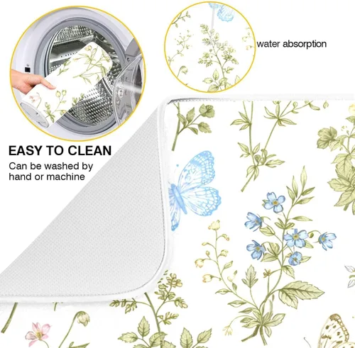 Miniatura 2 de Tapete de secado de platos con flores botánicas y mariposas para encimera de cocina, absorbente, almohadilla de secado de microfibra, grande 18x24