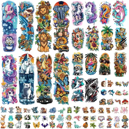 Miniatura 12 de Más de 326 tatuajes temporales para niños, 60 hojas de tatuajes falsos de acuarela pequeños con sirena, camión, animales, princesas, pirata, Verde