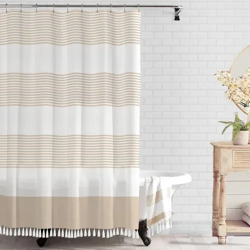 Miniatura 16 de bufftieo Cortina de regadera gris y blanca para baño con borlas estilo rústico moderno, cortinas de tela a rayas boho, juego de cortinas de regadera