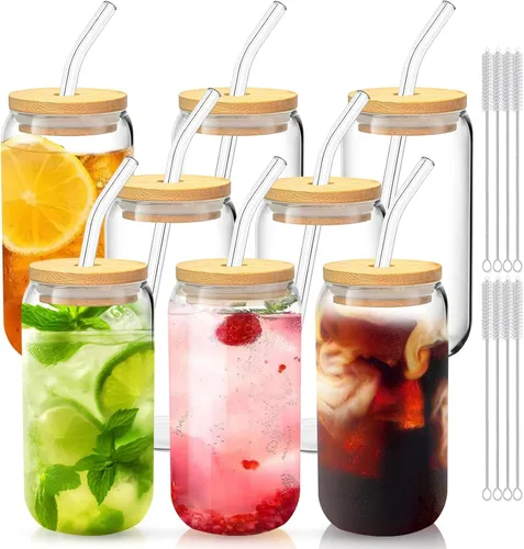 Miniatura 13 de Vasos de vidrio con tapas y pajitas, 1 paquete, tazas de café de vidrio, taza de vidrio con tapa para café helado, batido, cóctel, cerveza, whisky