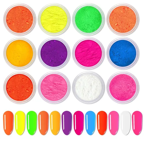 Ownest 12 cajas de polvo de pigmento para uñas, pigmentos de uñas de color fluorescente coloridos, polvo, brillantina, degradado, iridiscente,
