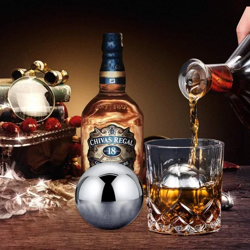 Miniatura 7 de Piedras de whisky, 2 piezas de cubitos de hielo de metal reutilizables, bolas de whisky redondas de acero inoxidable, bolas de whisky esféricas