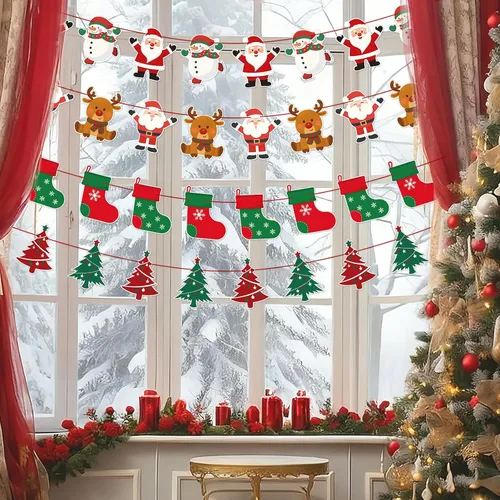 Miniatura 6 de jijAcraft Paquete de 4 pancartas de Navidad, decoraciones de Navidad con diseños de Papá Noel, muñeco de nieve, reno y árbol, guirnalda colgante