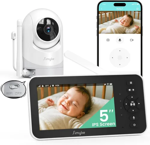 Simyke Monitor de video para bebé con cámara y audio, pantalla de 5 pulgadas, 720P, sin WiFi o modo de aplicación gratuita, zoom panorámico,