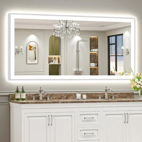 Miniatura 75 de 24x30 Espejo de baño LED con marco negro con luces, retroiluminado + iluminación frontal, espejo de tocador iluminado antivaho para pared de baño