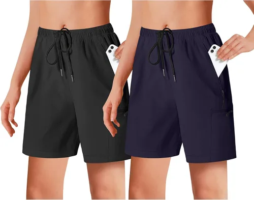 2 pares de bermudas de senderismo para mujer, cintura alta, secado rápido, 4 bolsillos con cremallera, pantalones cortos largos de verano para mujer