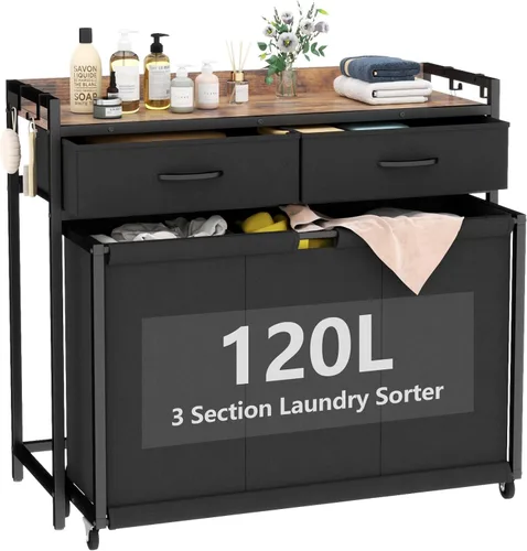Miniatura 9 de STIKELY Cesto de Ropa Sucia Canasta de Lavandería con Bolsas Rodantes Extraíbles de 3 Secciones, Clasificador de Ropa para Organización