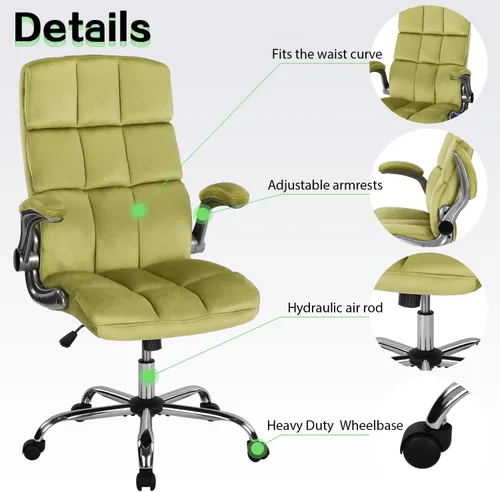 Miniatura 3 de Silla de oficina ejecutiva, sillas de oficina de terciopelo verde con soporte lumbar, sillas de escritorio de oficina en casa con ruedas y brazos