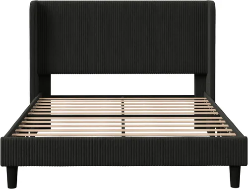 Miniatura 10 de Allewie - Base de cama tamaño Queen con cabecera tapizada de ala de respaldo, plataforma de cama de terciopelo corduroy acolchado con diseño Negro