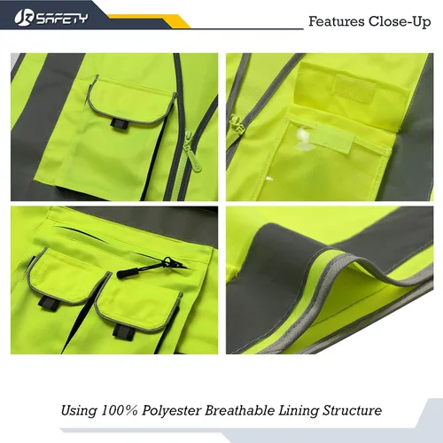 Miniatura 3 de JKSafety Chaleco de seguridad con 10 bolsillos, clase 2, de alta visibilidad, con cremallera frontal amarilla, con tiras reflectantes, cumple