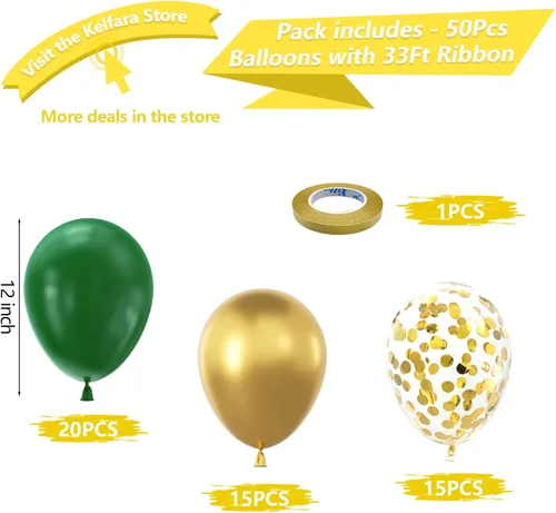 Miniatura 2 de Kelfara Globos verdes y dorados, 50 globos de látex de confeti verde metálico dorado de 12 pulgadas con cinta para Navidad, día de San Patricio, Año