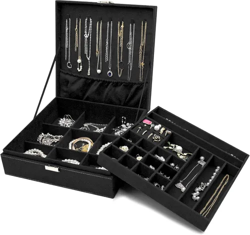 ProCase Joyero organizador de terciopelo para mujer, 2 capas de joyería, estuche de almacenamiento para collares, aretes, pulseras y anillos, color