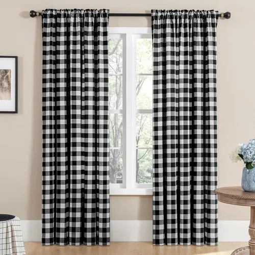 Miniatura 9 de Melodieux Buffalo - Cortinas a cuadros para sala de estar, dormitorio, estilo granja, estilo guingán, con textura de algodón, con bolsillo para Negro