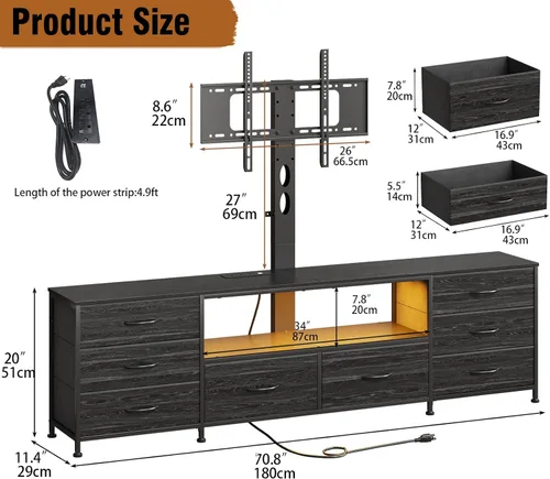 Miniatura 3 de Large TV Stand with Power Outlet and LED Lights, Entertainment Center with 8 Drawers and TV Mount, Rustic Wood Media Console Table with Storage for
