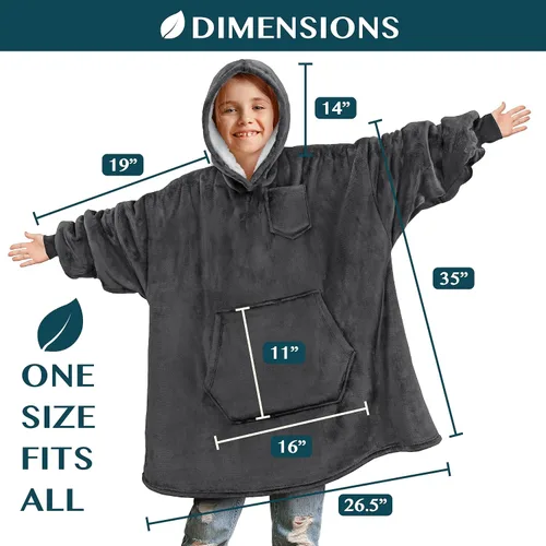 Miniatura 4 de PAVILIA Sudadera Manta Ponible para Niños y Niñas, Sudadera con Capucha Gigante Cálida y Acogedora, Forro Polar Sherpa con Capucha y Mangas de Gris