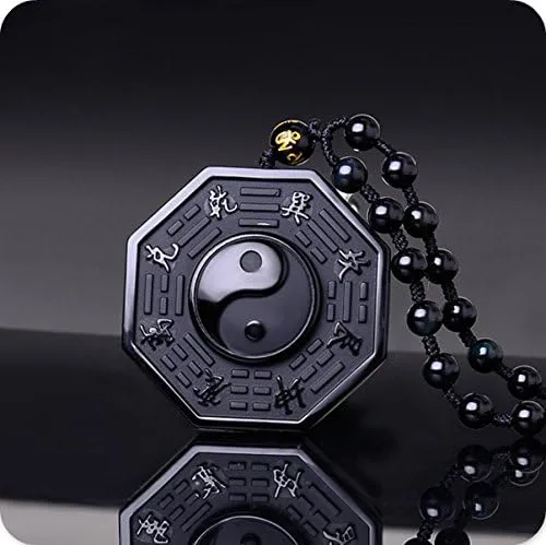 Miniatura 3 de Kitch Aroma Natural Tai Chi Grabado Negro Piedras de Obsidiana Colgante Collar con Extend Bead Chain