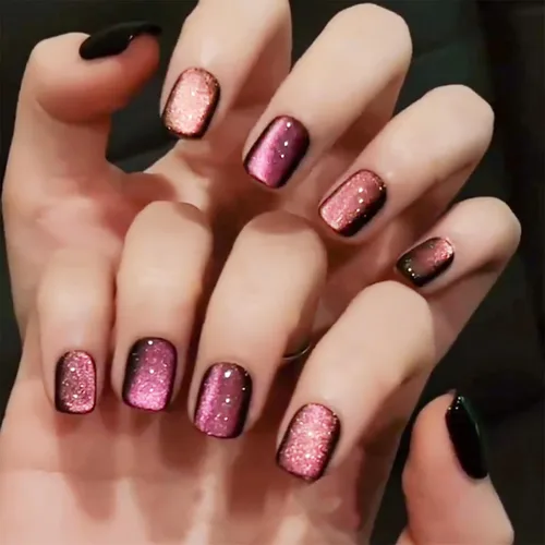Miniatura 18 de Uñas postizas a presión de Navidad, color rojo vino, uñas postizas cuadradas medianas con diseño degradado, cobertura completa, acrílico brillante