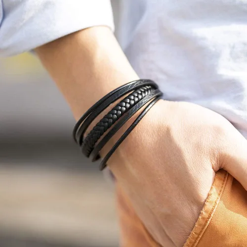 Miniatura 5 de murtoo Pulsera de cuero para hombre con cierre de piel de vaca multicapa trenzada pulsera para hombre